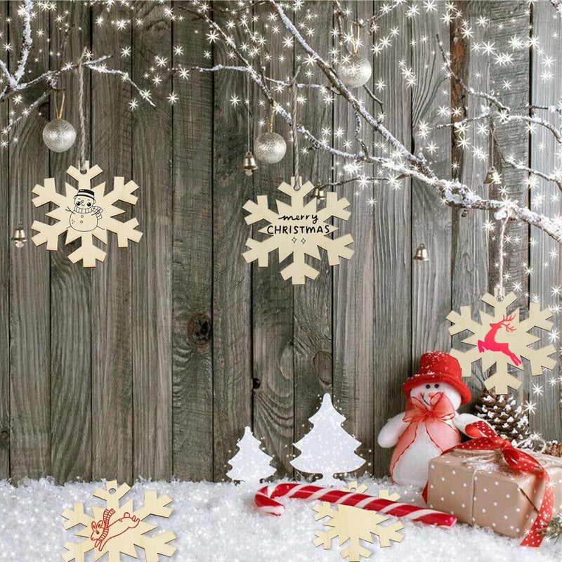 LEBERY 50Pcs DIY Wooden Christmas Ornaments Wooden Snowflakes for Crafts Unfinished Snowflakes Wood Ornaments with Hole, Predrilled Wood Snowflake Cutouts for Crafts Paints Christmas Tree Hanging Decor - Image 4